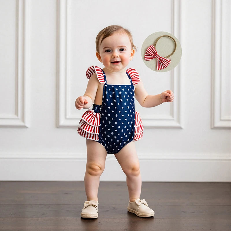 Toddler Girls American Flag Romper with Ruffle Sleeve and Bow Headband Set for 4th of July Celebration