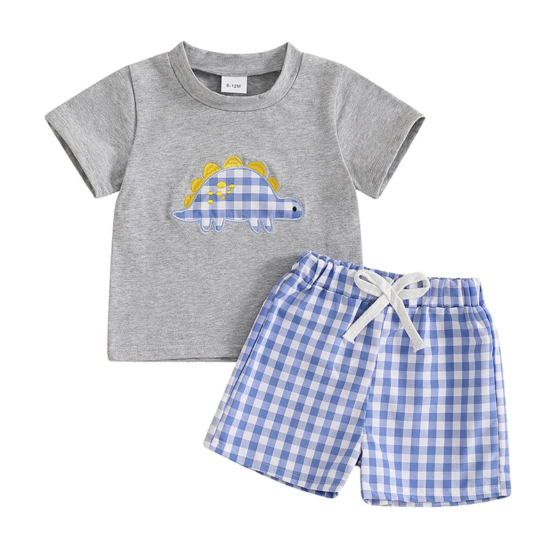 Boys Dinosaur Print T-shirt and Plaid Shorts Set Short Sleeve Embroidery Toddler Outfit for Summer Fun and Play