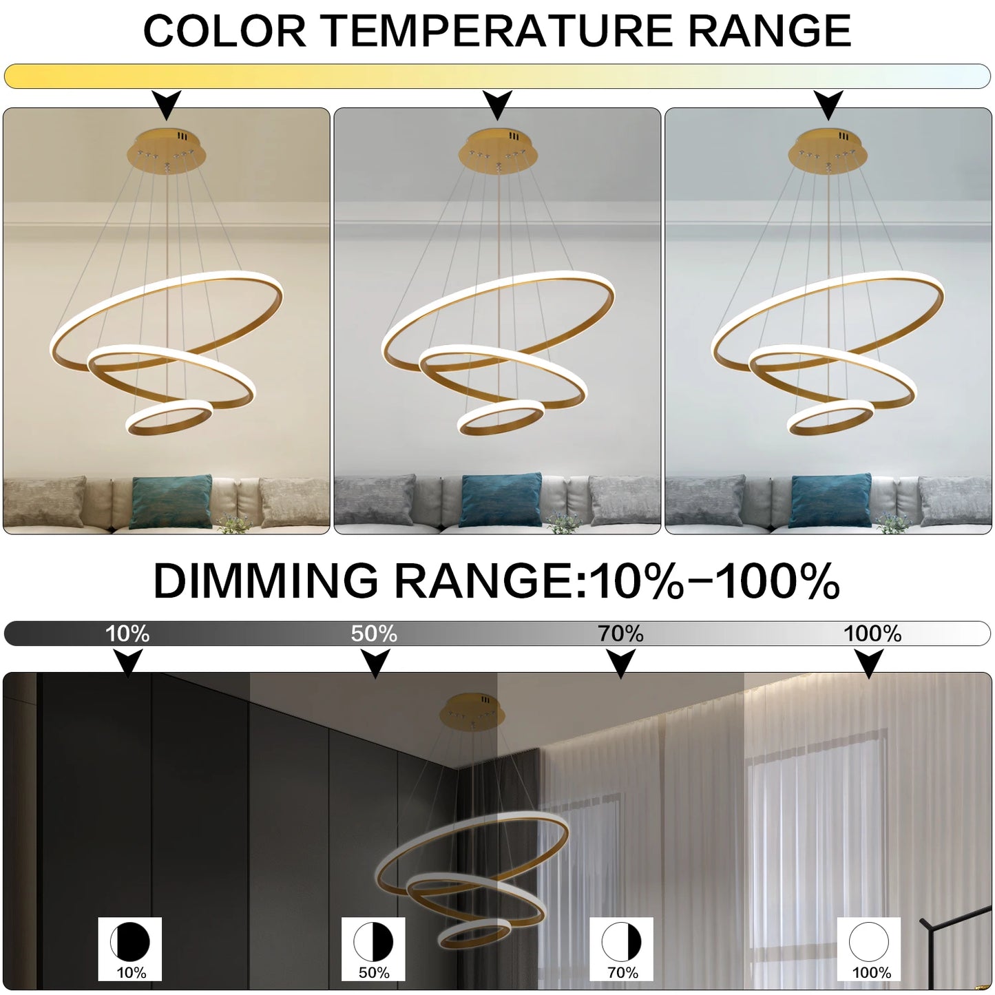 Modern Dimmable 3-Ring LED Chandelier with Remote for High Ceilings and Living Rooms