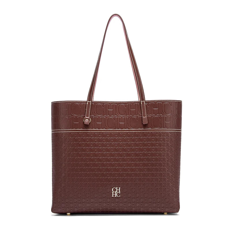 CH Letter Logo Leather Shoulder Bag Brand Women's Bag Large Capacity Resistant Elegant Fashion Casual with Base