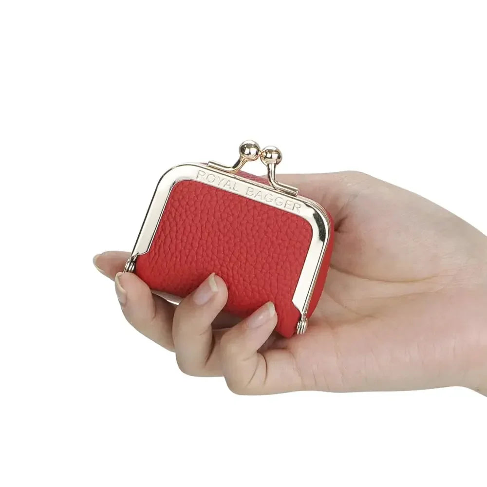 Royal Bagger Genuine Leather Mini Jewelry Coin Purse Solid Color Kiss Lock Change Pouch Casual Small Storage Bag for Women 1894
