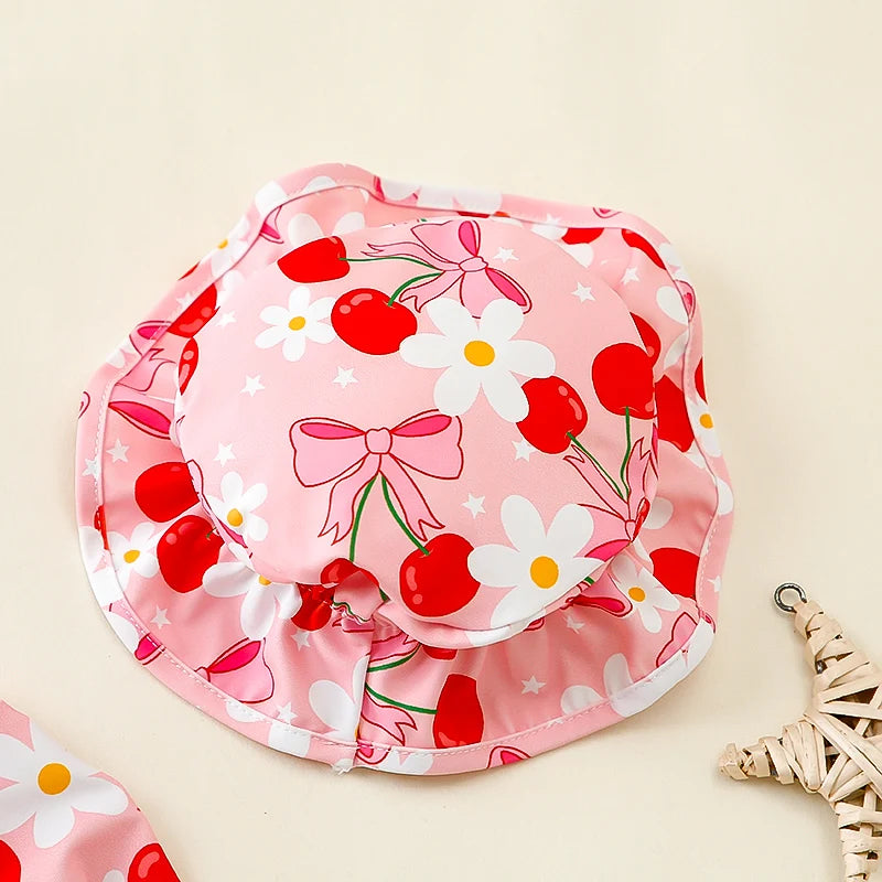 Baby Girls Swimsuit with Sun Hat Set Floral Print Ruffle Sleeve Zip Up Rash Guard Swimwear Beachwear for Toddler Girls