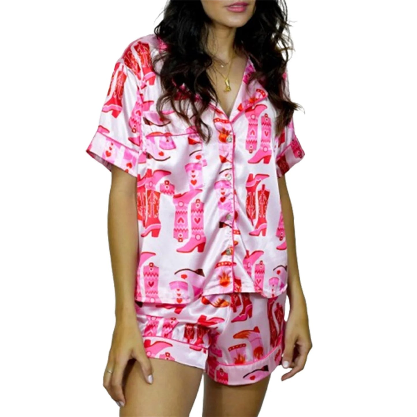 Stylish Women's Summer Outfit Printed Short Sleeve Shirt Set
