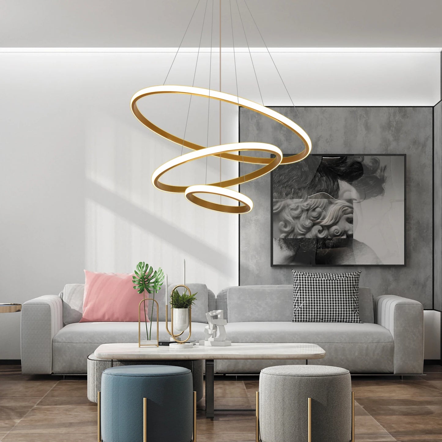 Modern Dimmable 3-Ring LED Chandelier with Remote for High Ceilings and Living Rooms