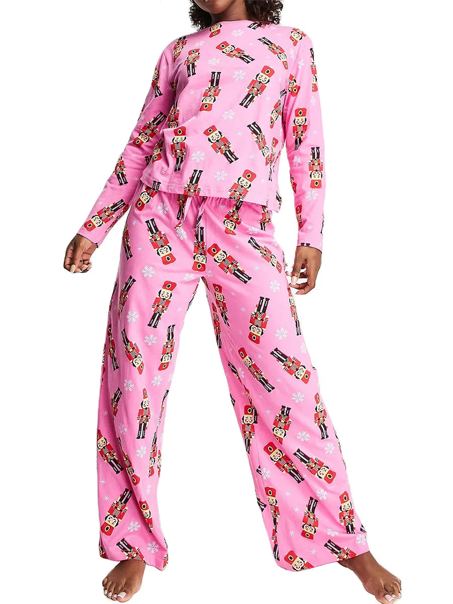 Women Pajama Set Cartoon Soldier Print Long Sleeve T-shirt Pants