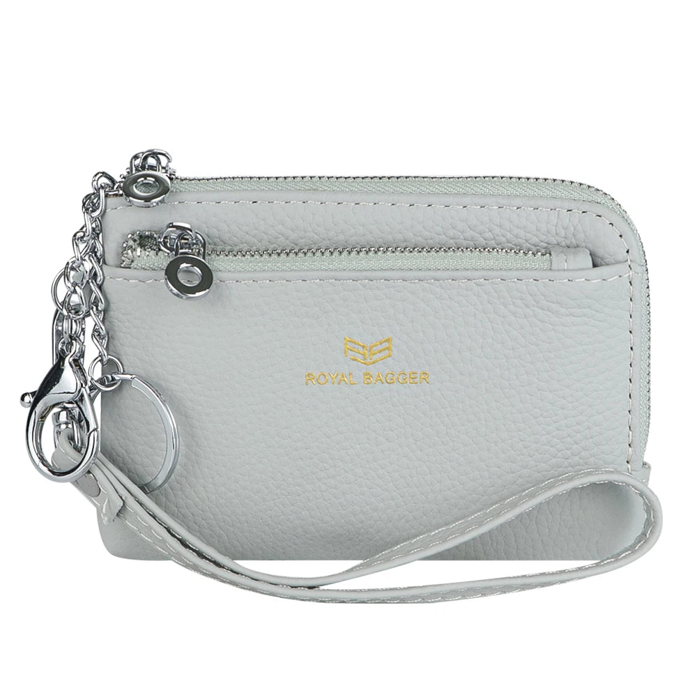 Royal Bagger RFID Coin Purse with Keychain, Genuine Leather Multi Zipper Clutch Wallet, Portable Wristlet Card Holder