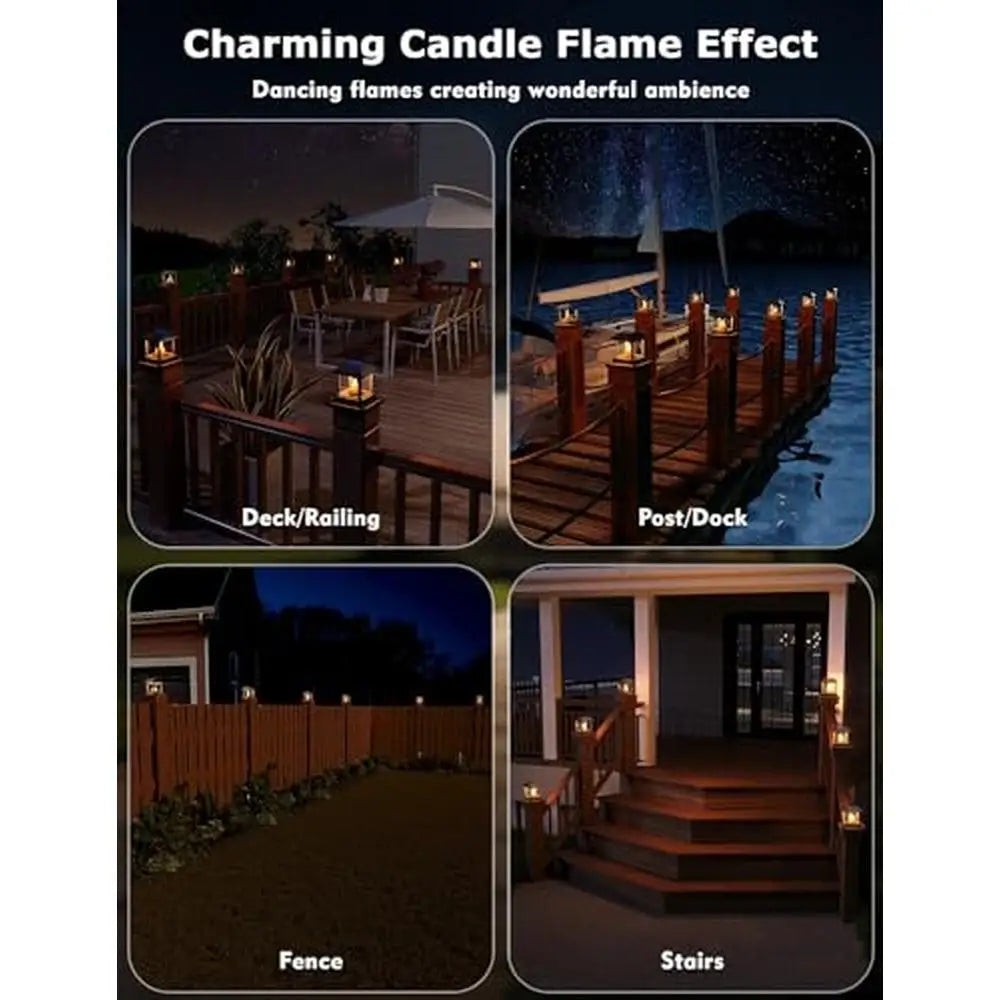 Solar Post Cap Lights Outdoor 4 Pack 3D Flickering Candle Design IP67 Waterproof Warm LED Lighting Kit Decor Solar Powered Easy