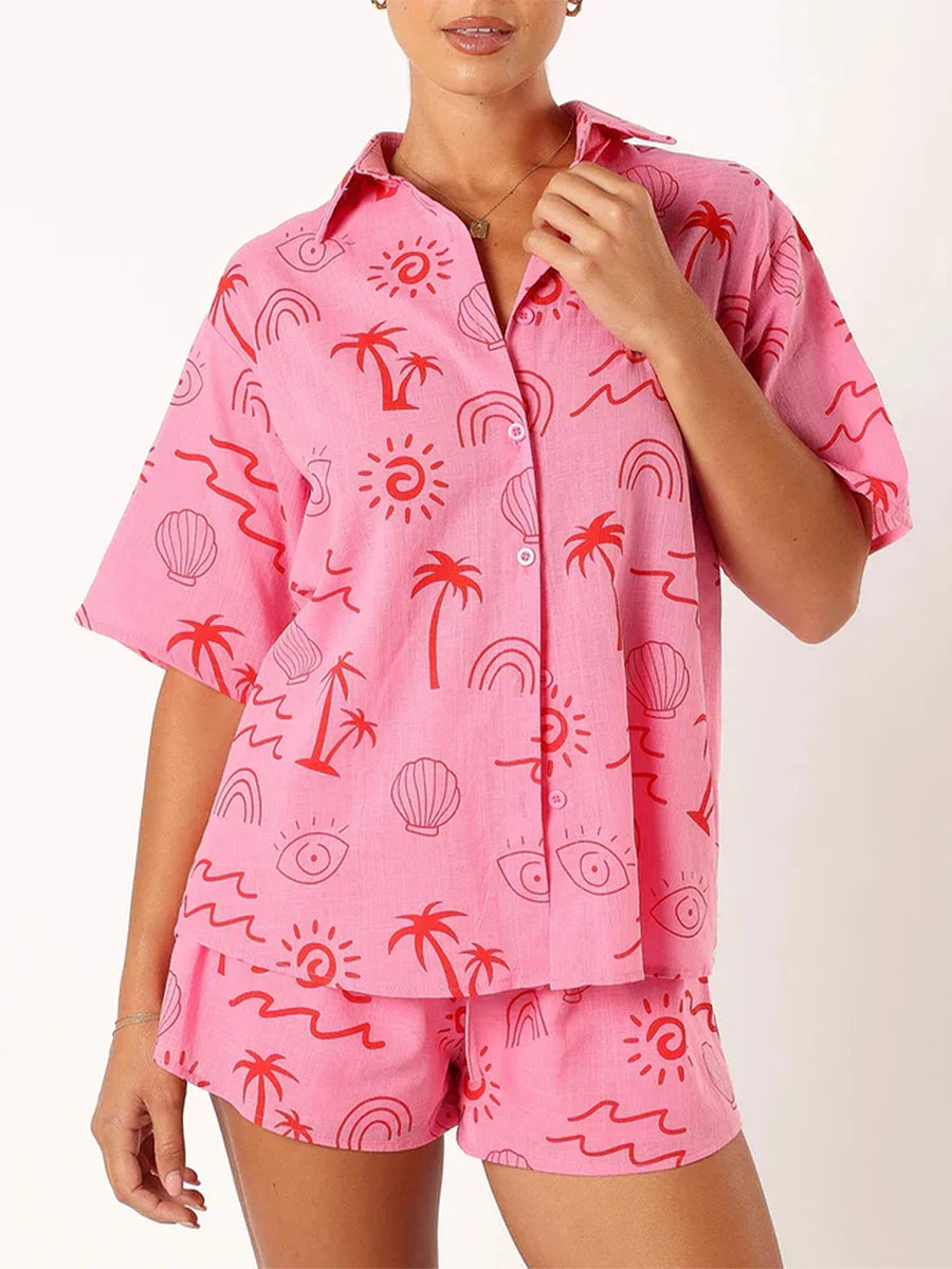 Women’s 2 Piece Lounge Set Short Sleeve Lapel Button Up Tops