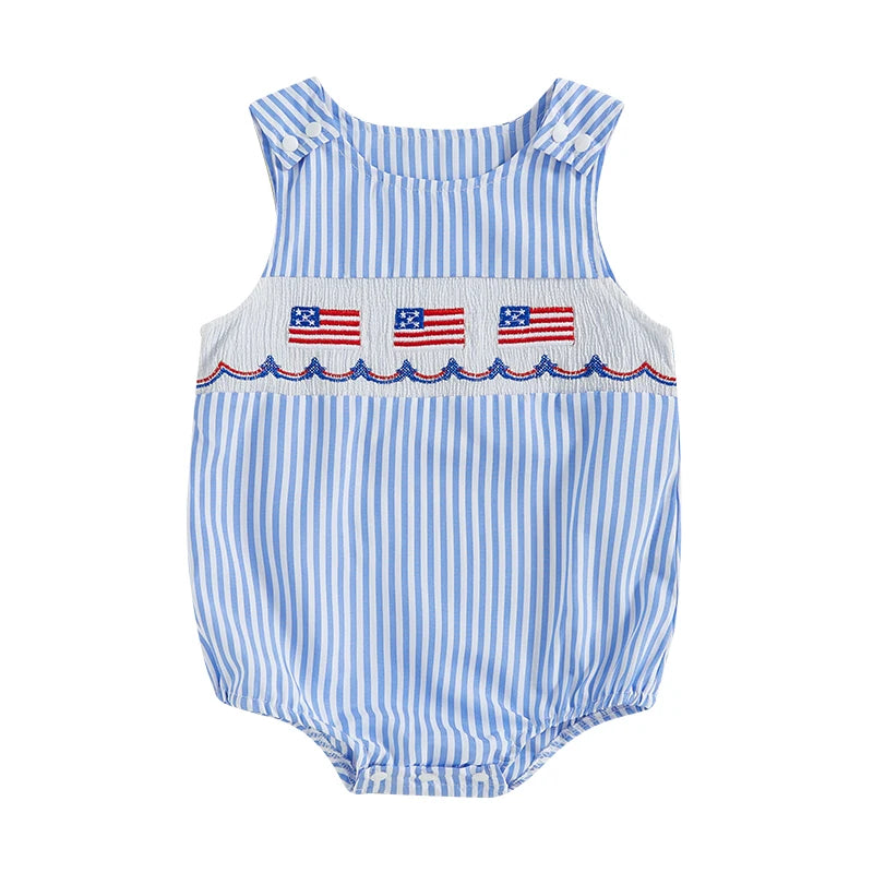 Infant Boy Independence Day Striped Romper Overalls with Sleeveless Round Neck and USA Flag Embroidery - Patriotic Jumpsuit for
