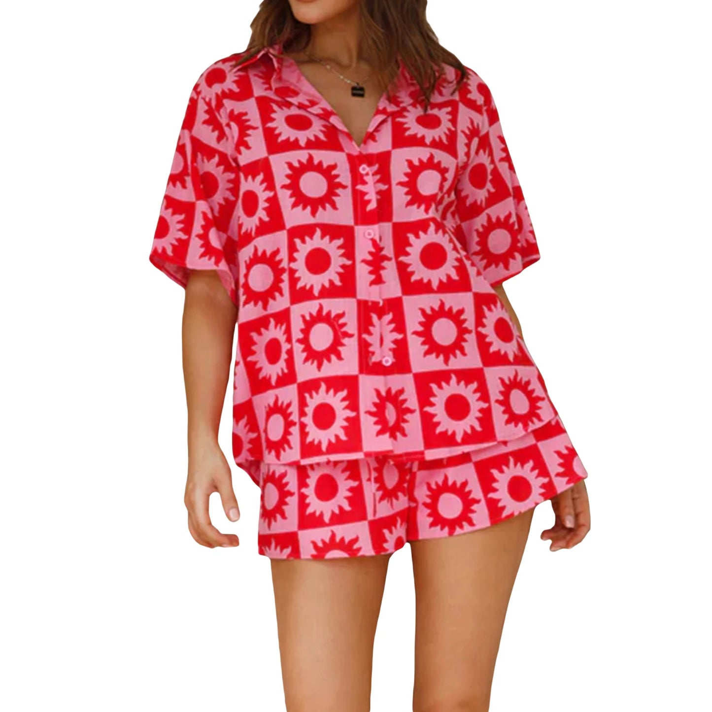 Women Shorts Set Printed Short Sleeve Shirt with Elastic Waist Shorts Summer Outfit