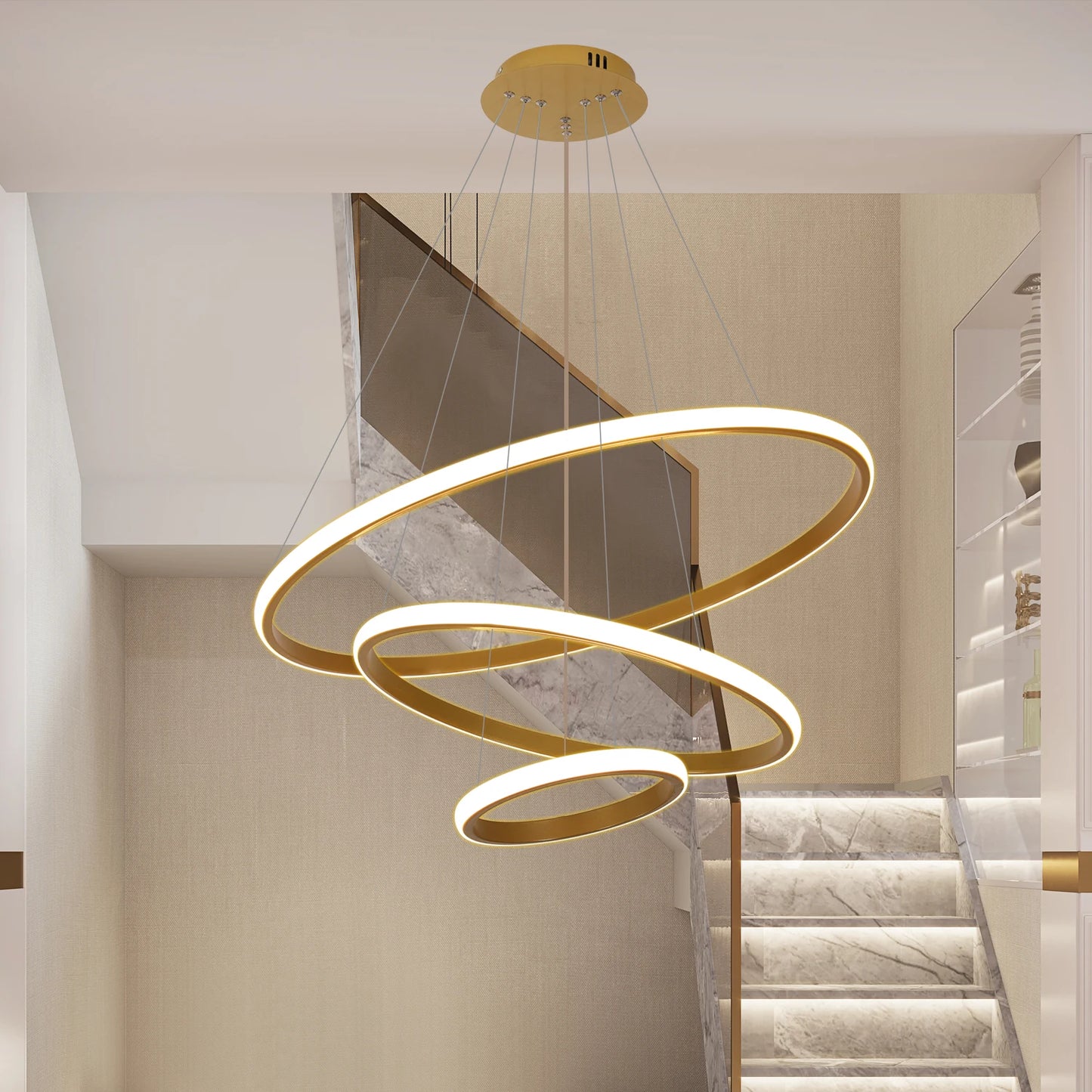 Modern Dimmable 3-Ring LED Chandelier with Remote for High Ceilings and Living Rooms