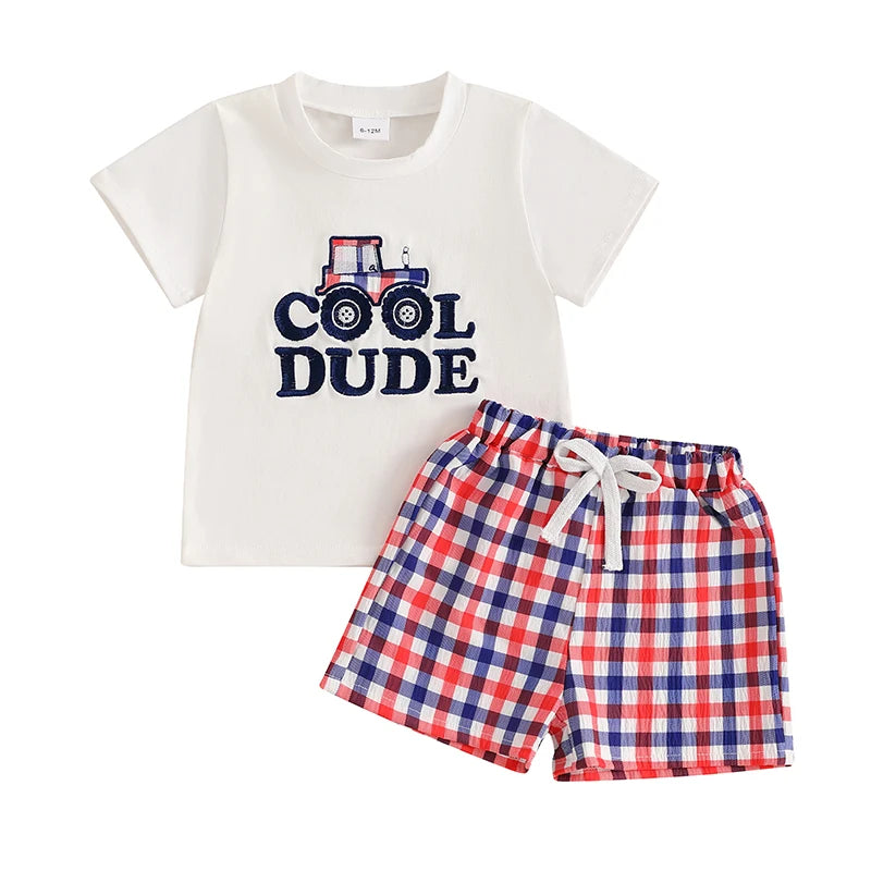 Boys Dinosaur Print T-shirt and Plaid Shorts Set Short Sleeve Embroidery Toddler Outfit for Summer Fun and Play
