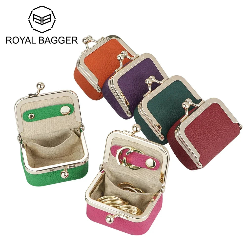 Royal Bagger Genuine Leather Mini Jewelry Coin Purse Solid Color Kiss Lock Change Pouch Casual Small Storage Bag for Women 1894