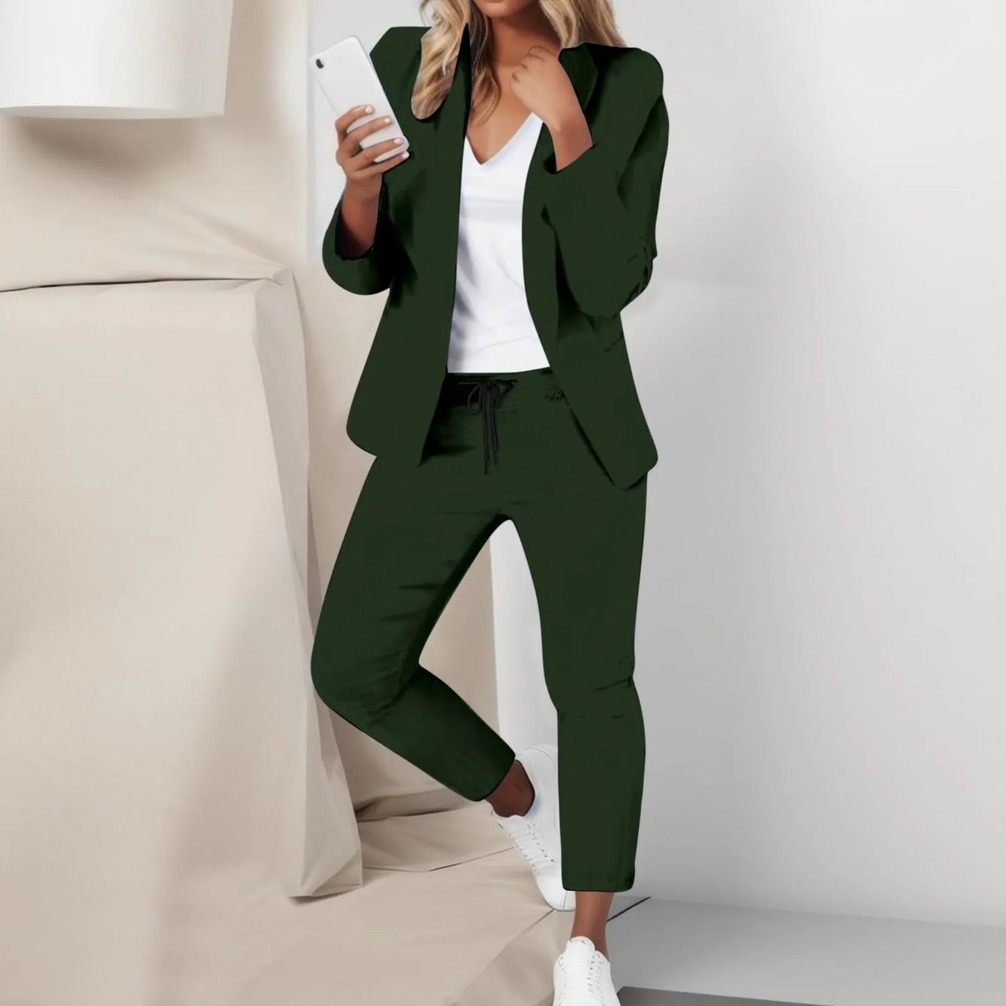 Women's Cardigan Blazer Top And Pants Solid Color Elegant Sporty Jacket Suit Set