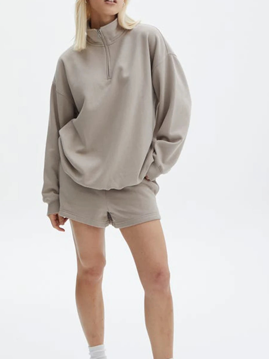 Women Shorts Set Long Sleeve Stand Collar Zipped Sweatshirt Activewear Fall Outfit