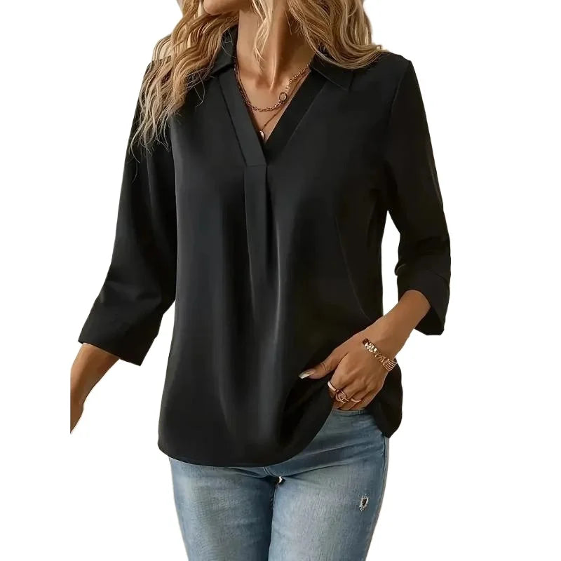 Spring and Autumn Plus Size Solid Collared Blouse Elegant 3/4 Sleeve