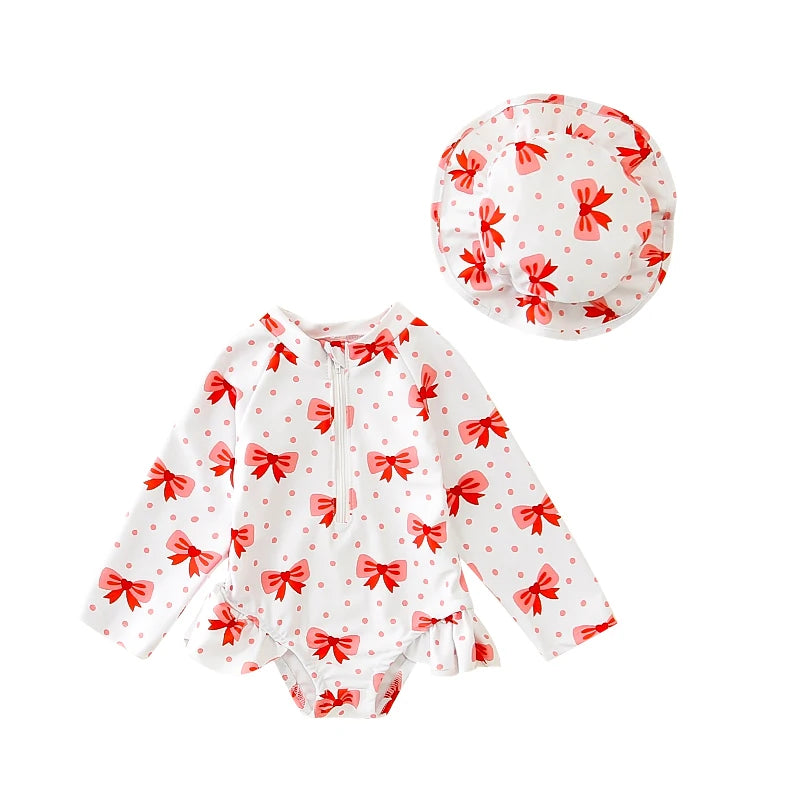 Baby Girls Swimsuit with Sun Hat Set Floral Print Ruffle Sleeve Zip Up Rash Guard Swimwear Beachwear for Toddler Girls