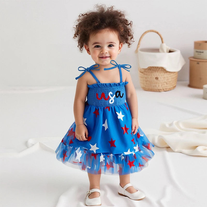 Toddler Girl Patriotic Sleeveless Dress with Tie Shoulder Star Print Tulle Dress Kids Smocked Fourth of July Outfit