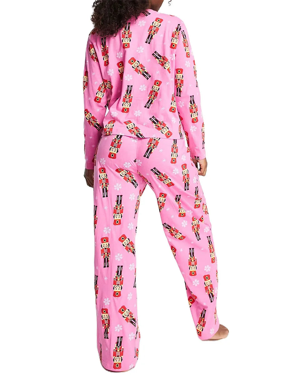 Women Pajama Set Cartoon Soldier Print Long Sleeve T-shirt Pants