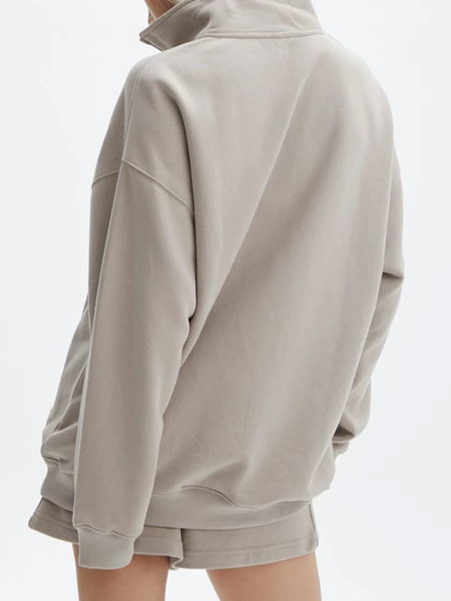 Women Shorts Set Long Sleeve Stand Collar Zipped Sweatshirt Activewear Fall Outfit
