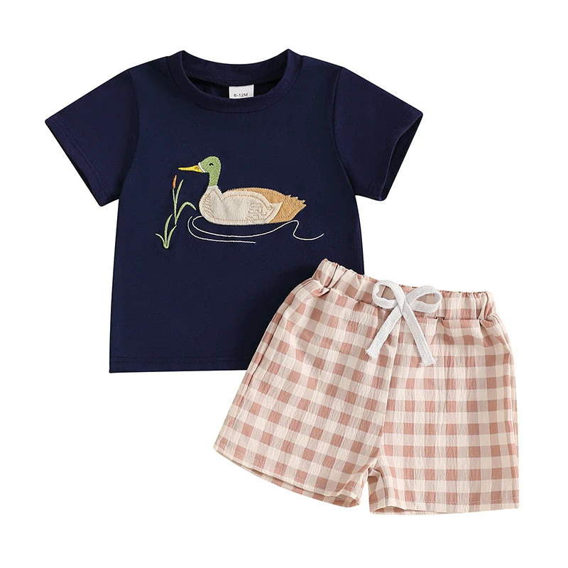 Boys Dinosaur Print T-shirt and Plaid Shorts Set Short Sleeve Embroidery Toddler Outfit for Summer Fun and Play
