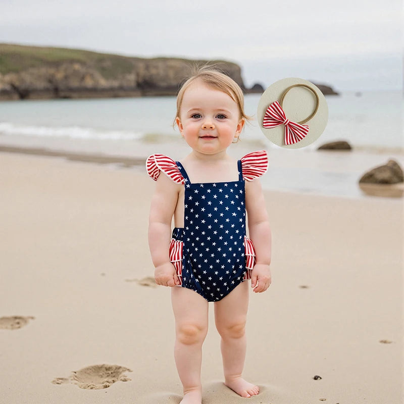 Toddler Girls American Flag Romper with Ruffle Sleeve and Bow Headband Set for 4th of July Celebration