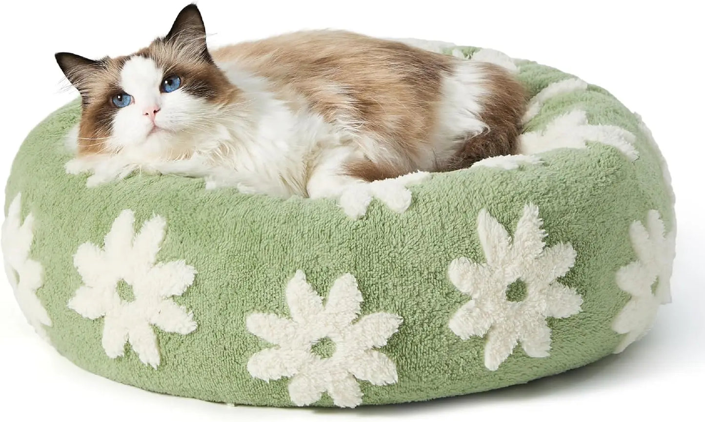 Donut Small Dog Bed - Round Cat Beds for Indoor Cats Calming Pet Beds, Cute Modern Beds with Jacquard Shaggy Plush & Anti Slip