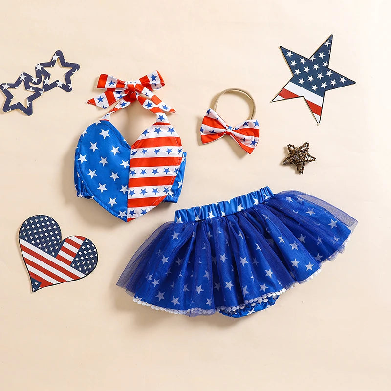 3-Piece Baby Boys Set American Flag Star Pattern Sleeveless Romper Shorts Hat Independence Day Outfits for Infants