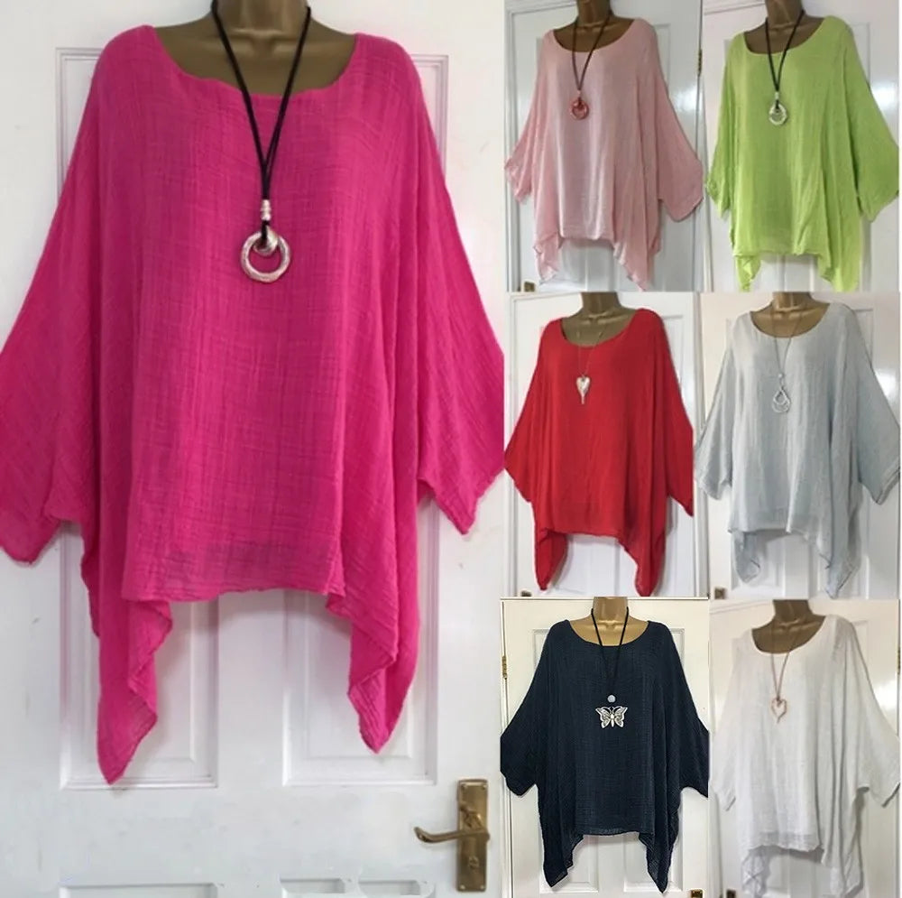 Plus Size Women Boho Linen Blouse Top Summer Solid Color