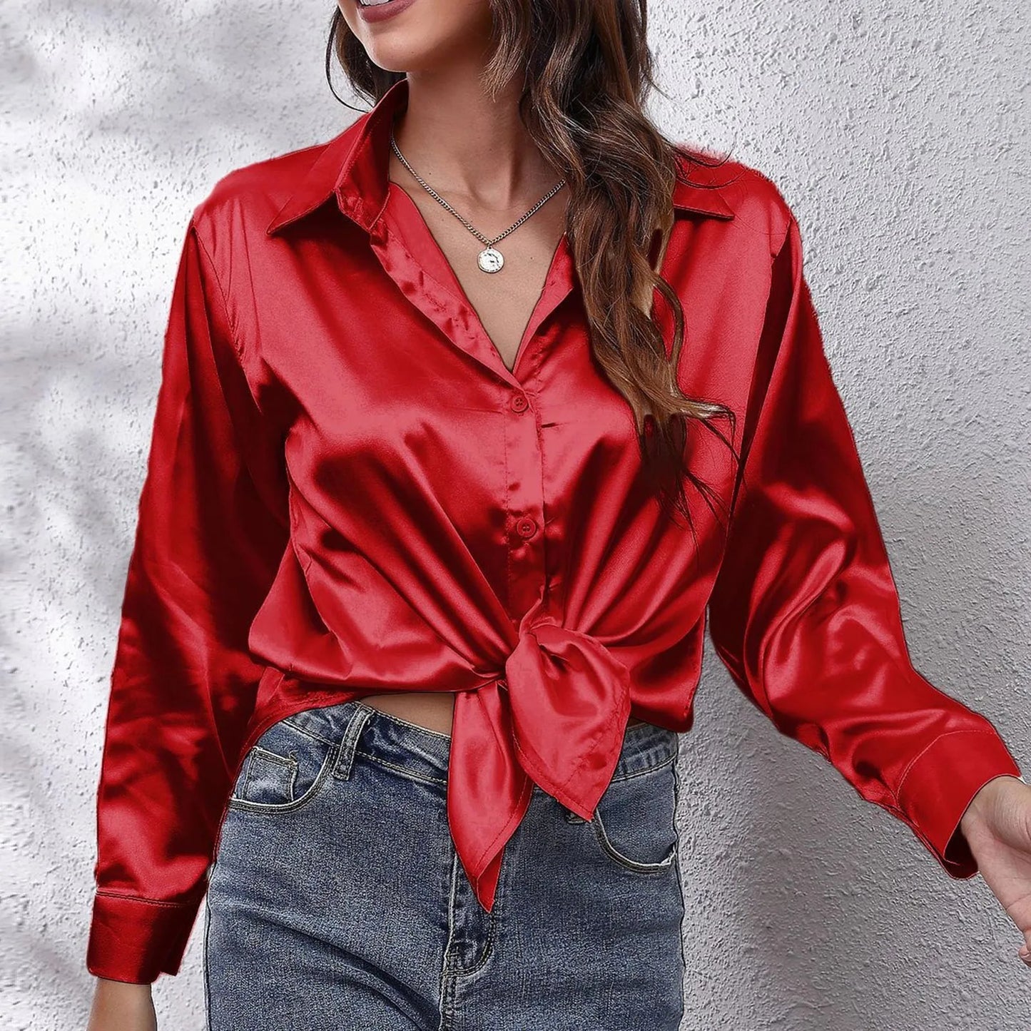 Women's Satin Shirts Solid Color Long Sleeve Office Top 2024