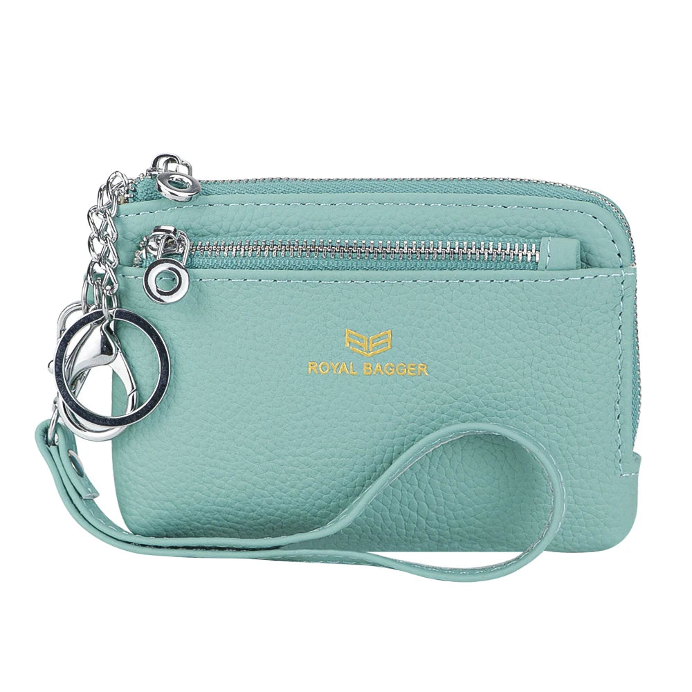 Royal Bagger RFID Coin Purse with Keychain, Genuine Leather Multi Zipper Clutch Wallet, Portable Wristlet Card Holder