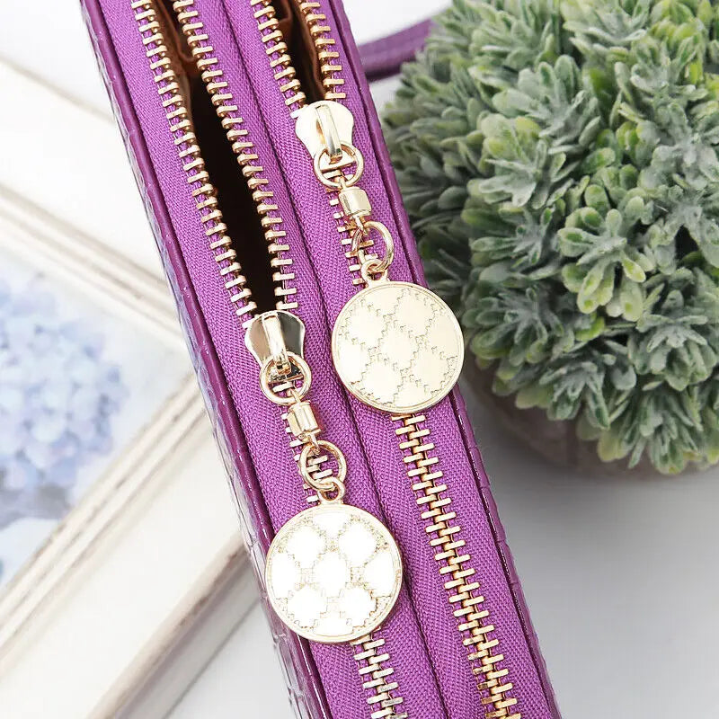 Long Wallet for Women Dual Zipper PU Leather Credit Card Holder Cash Purse Large Capacity Cellphone Handbag