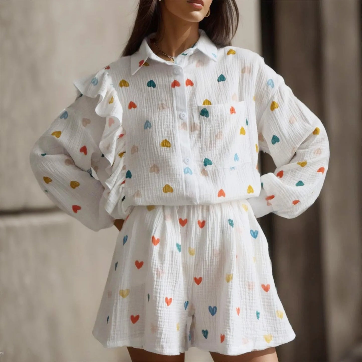 Women's Sweet Love Heart Print Ruffles 2 Piece Outfits