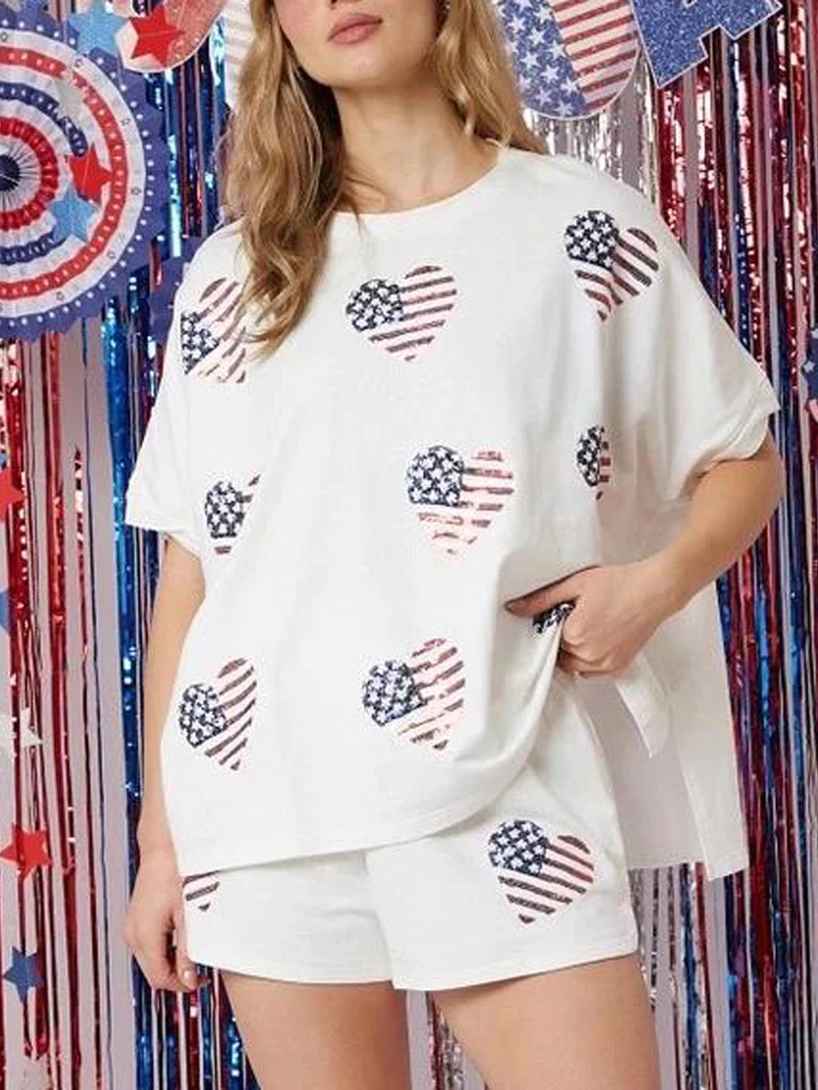 Women’s 4th of July Outfits Short Sleeve Heart Print Set