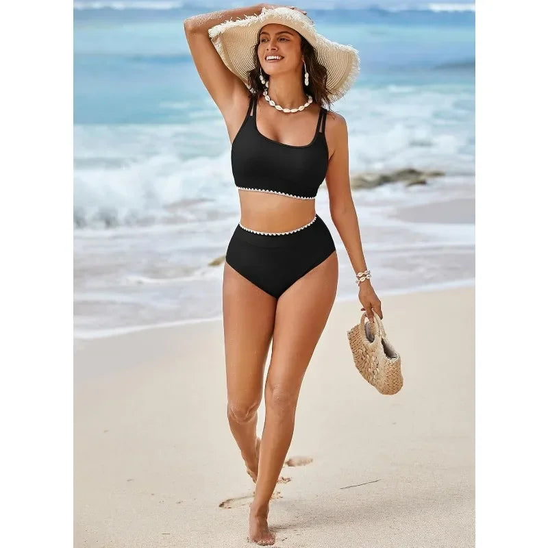 High Waisted Bikini Sets for Women 2 Piece High Cut Swimsuit Color Block Push Up Sporty Bathing Suit