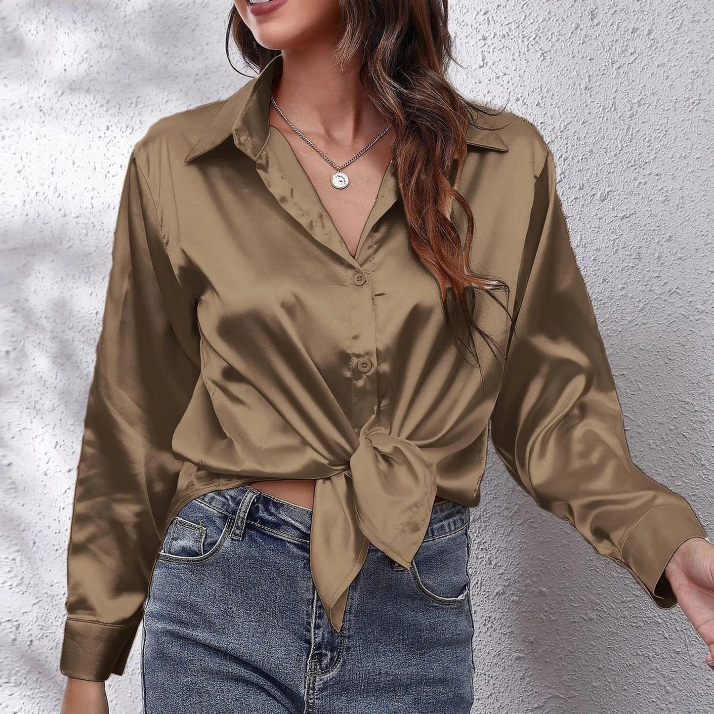 Women's Satin Shirts Solid Color Long Sleeve Office Top 2024