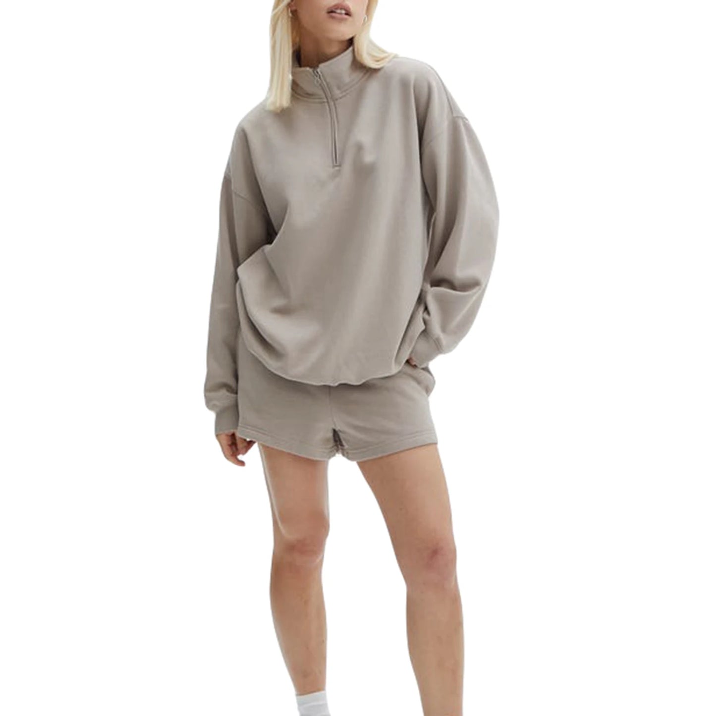 Women Shorts Set Long Sleeve Stand Collar Zipped Sweatshirt Activewear Fall Outfit