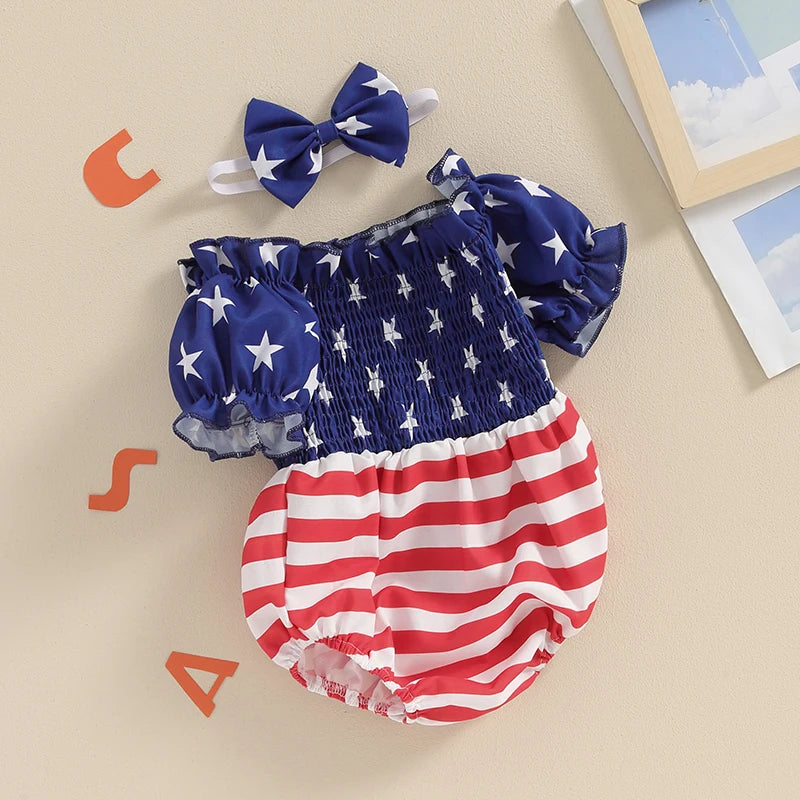 Independence Day Toddler Girls Rompers American Flag Print Off Shoulder Short Sleeve Baby Bodysuits with Bow Headband Set for