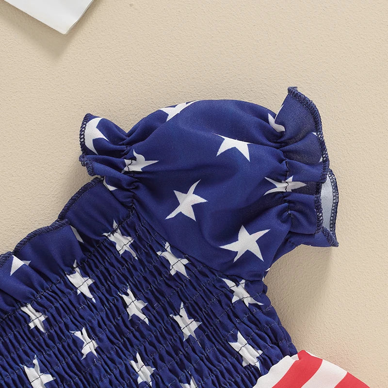 Independence Day Toddler Girls Rompers American Flag Print Off Shoulder Short Sleeve Baby Bodysuits with Bow Headband Set for