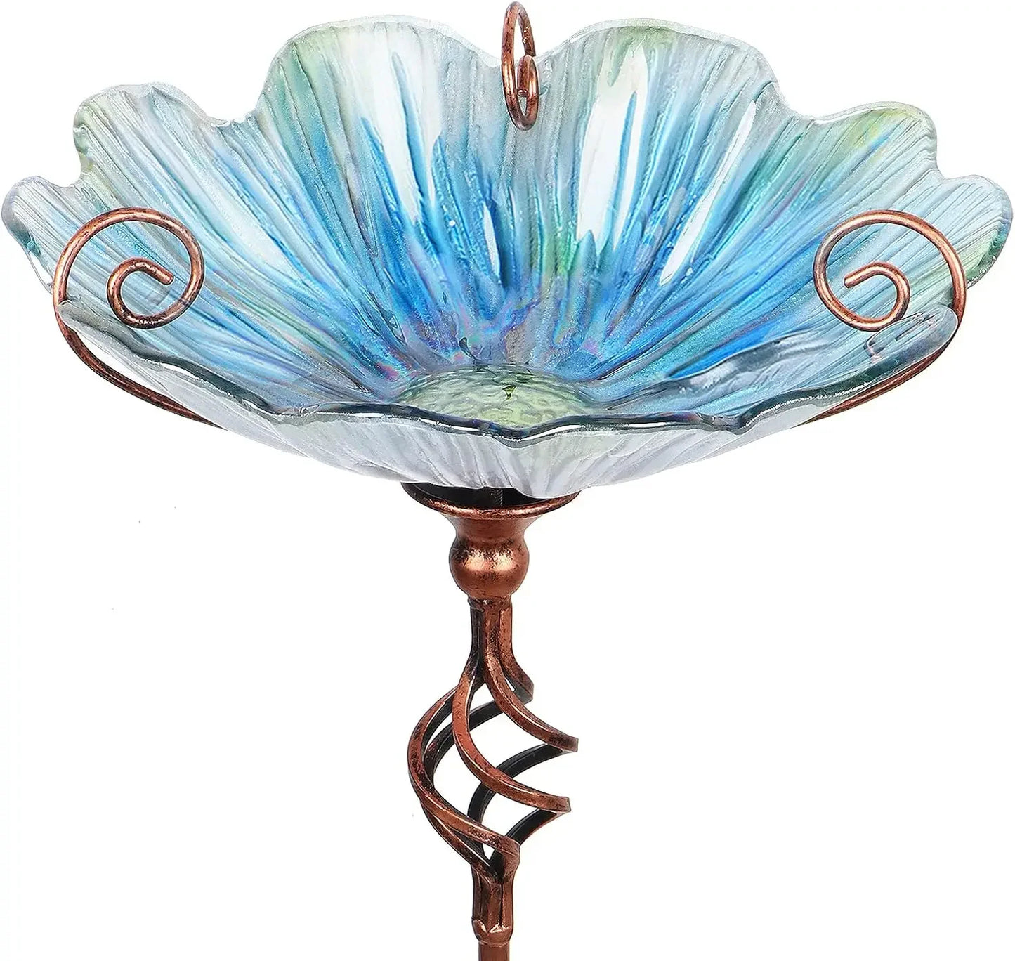 31 Inch Height Glass Birdbath Birdfeeder with Metal Stake Garden Yard Outdoor Blue