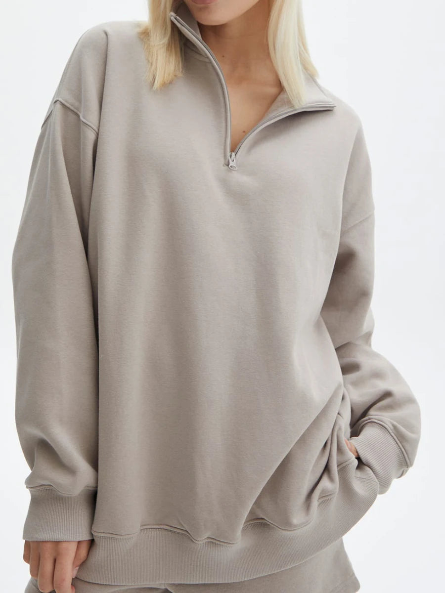 Women Shorts Set Long Sleeve Stand Collar Zipped Sweatshirt Activewear Fall Outfit
