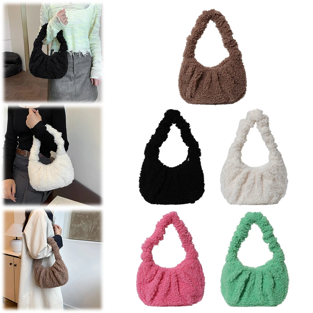 Furry Tote Bag Small Ruched Hand Purse Lambswool Cute Mini Faux Fur Bag Winter Fuzzy Pursess and Handbag for Women Lady