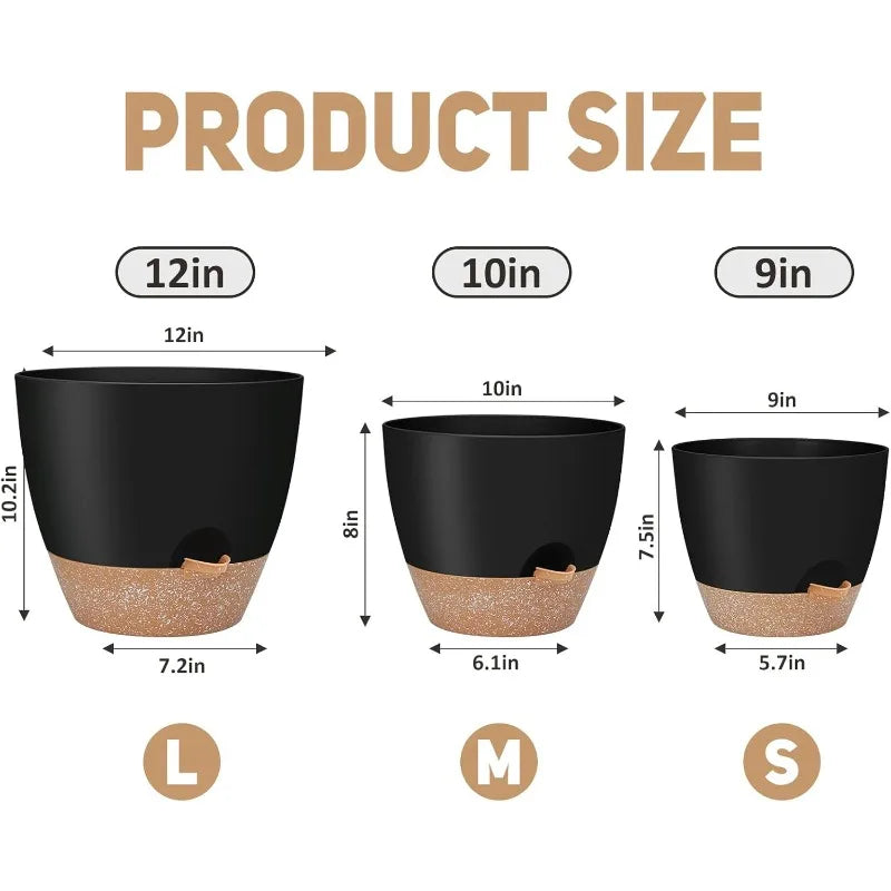 12" 10" 9" Large Self Watering Plant Pots 3 Pack Planters