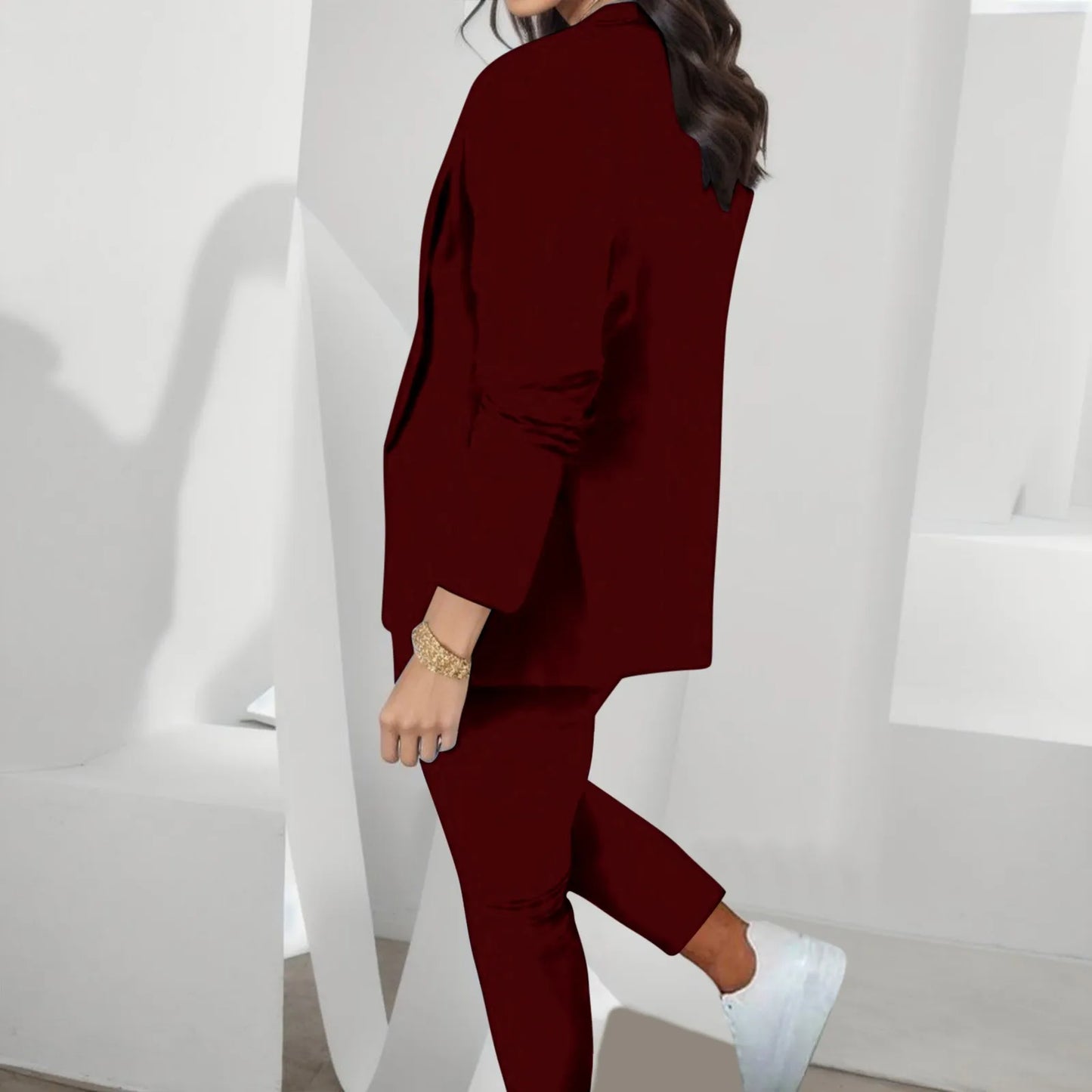 Women's Cardigan Blazer Top And Pants Solid Color Elegant Sporty Jacket Suit Set