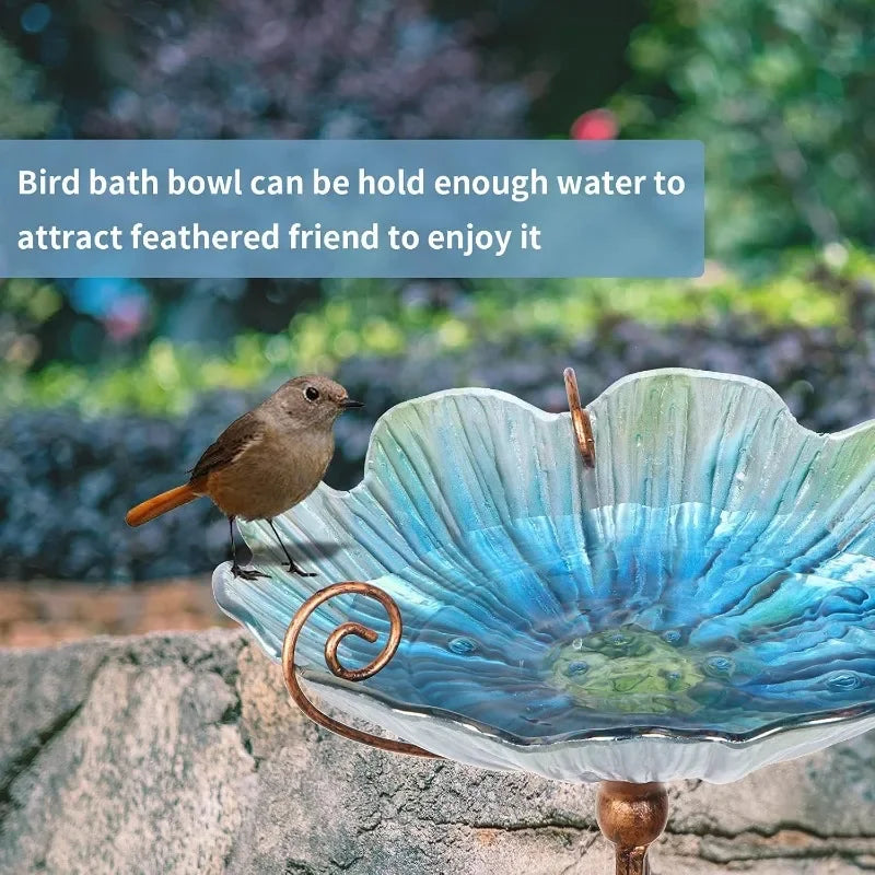 31 Inch Height Glass Birdbath Birdfeeder with Metal Stake Garden Yard Outdoor Blue