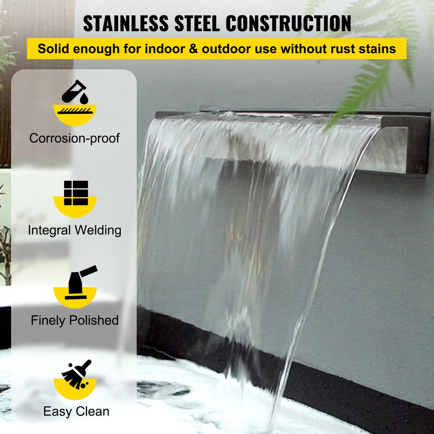VEVOR Pool Fountain Outdoor Pools Waterfall Spillway with Pipe Connector Stainless Steel Rectangular Pool Fountains Garden Pond