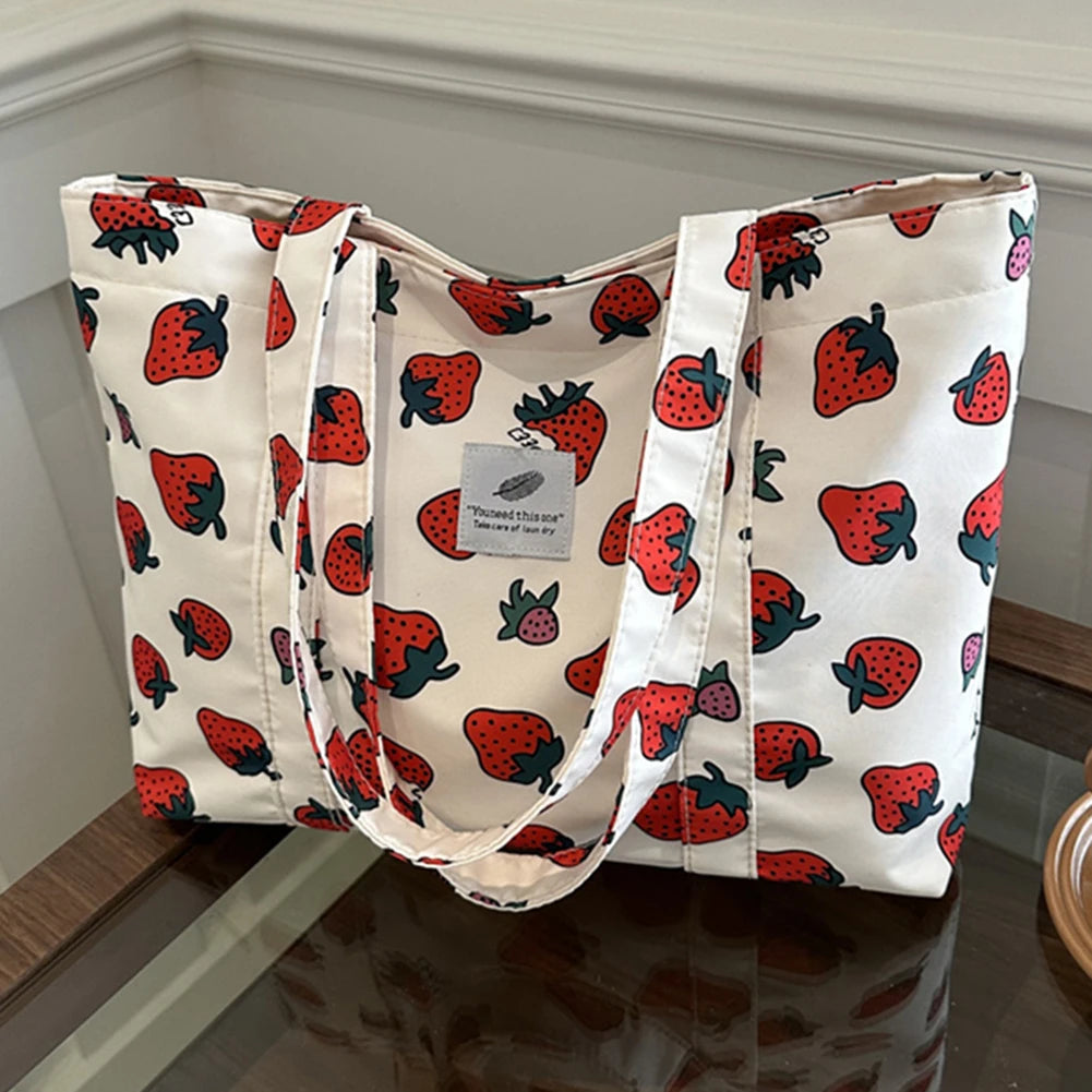 Cute Cherry Strawberry Print Satchel Purse Large Capacity Shoulder Purse Nylon Top Handle Bag Women Leisure Shopping Grocery Bag