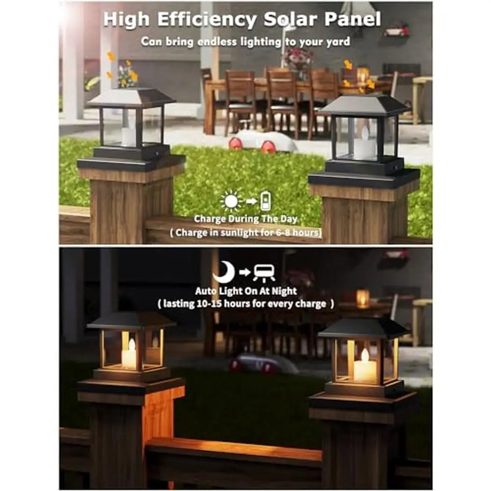Solar Post Cap Lights Outdoor 4 Pack 3D Flickering Candle Design IP67 Waterproof Warm LED Lighting Kit Decor Solar Powered Easy