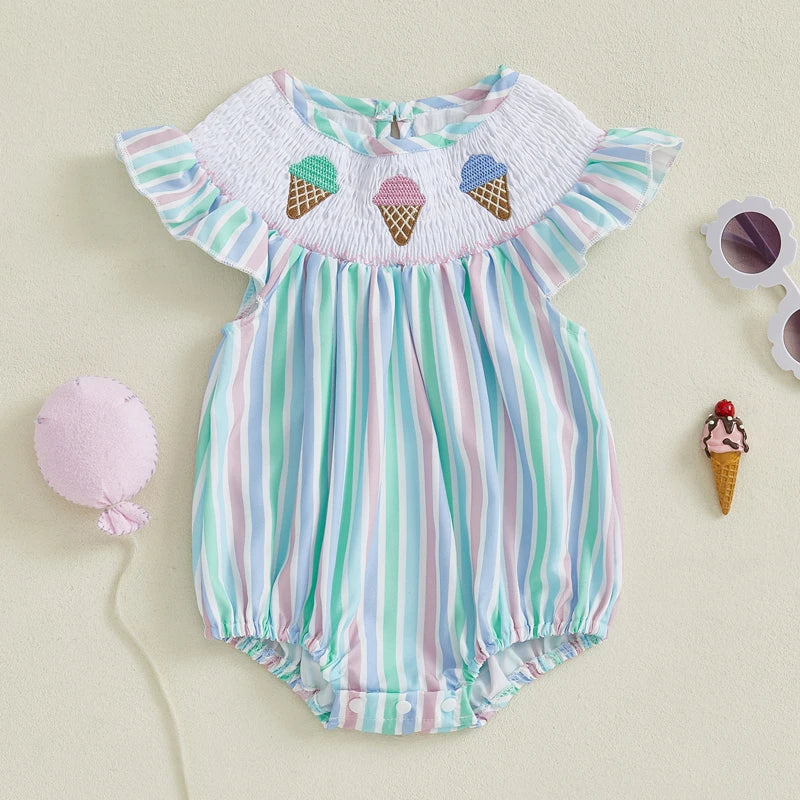 Toddler Girls Rompers Watermelon Embroidery Polka Dot Floral Square Neck Ruffle Sleeve Baby Bodysuits Playsuits