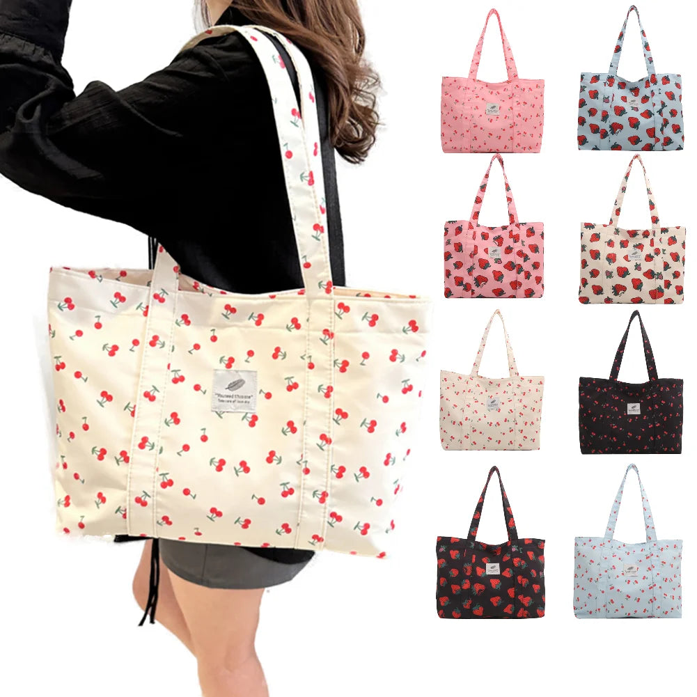 Cute Cherry Strawberry Print Satchel Purse Large Capacity Shoulder Purse Nylon Top Handle Bag Women Leisure Shopping Grocery Bag